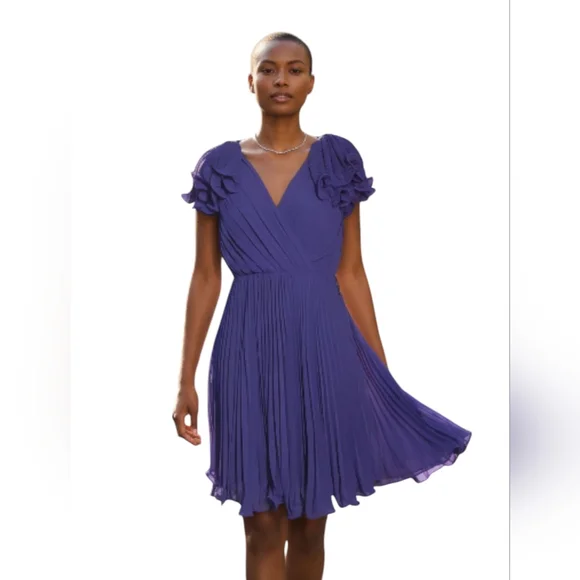 Pearl  Georgina Chapman Royal V-Neck Pleadd Purple Midi Dress Size 6 - Picture 8 of 16